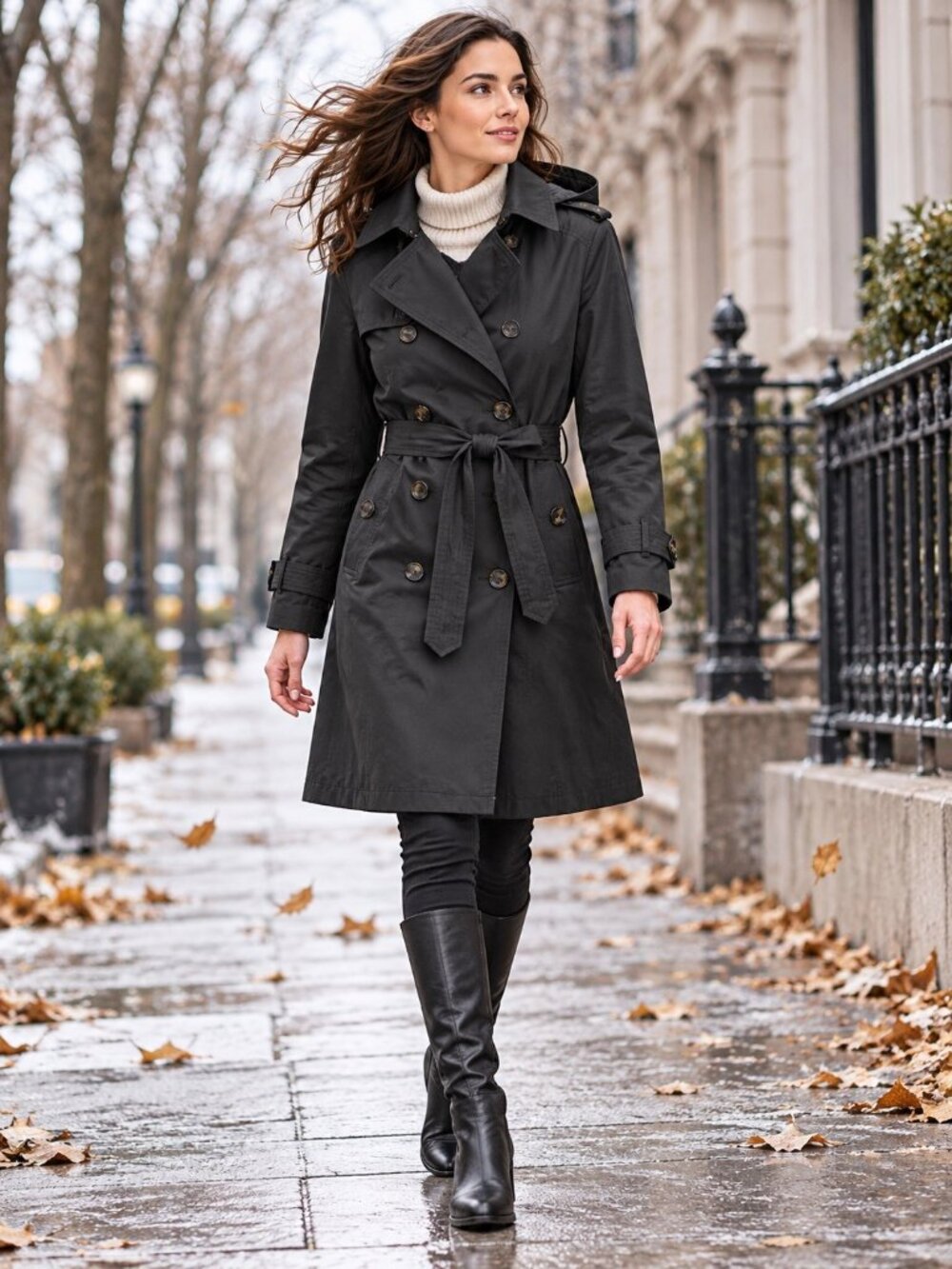 London Fog Collection Black Hooded Double Breasted Trench Coat L EUC $350